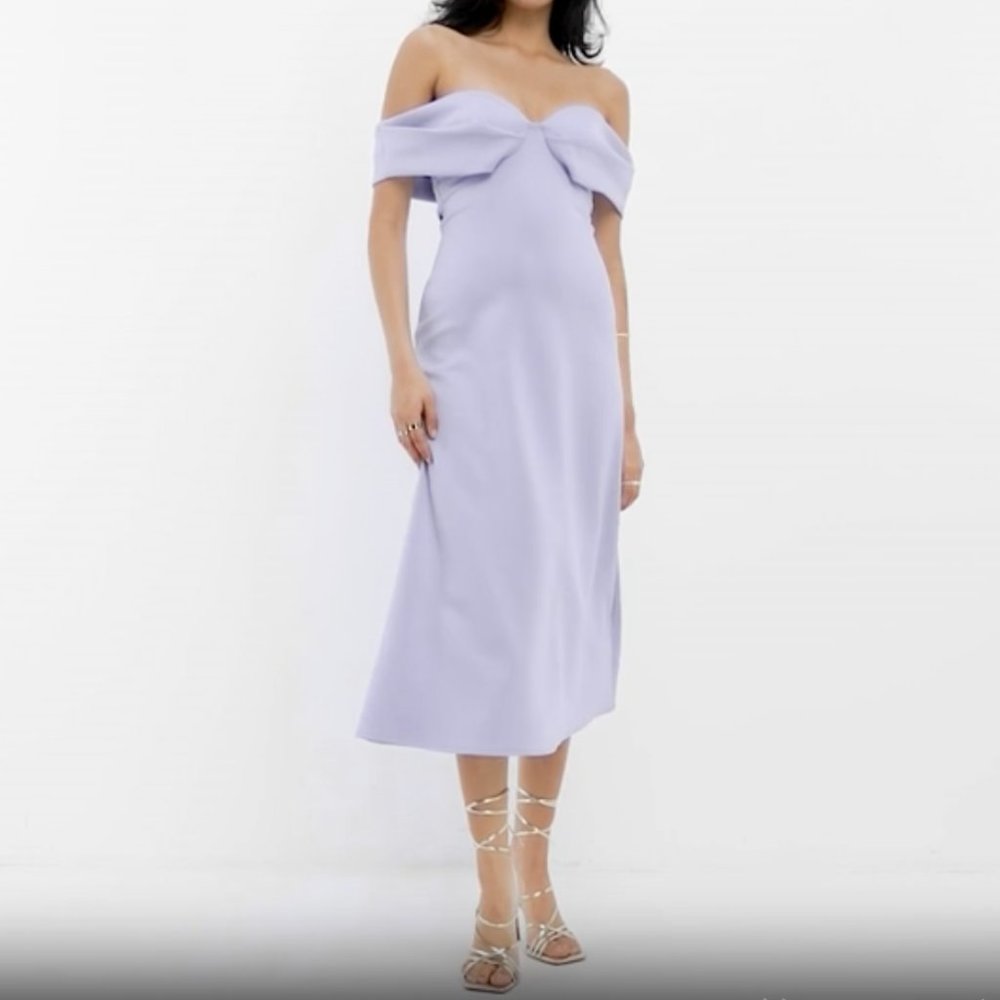ASOS off shoulder midi skater dress dusky pale blue - size small s / us 4